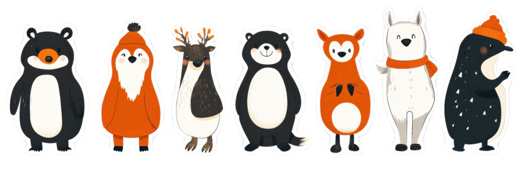 Cute cartoon animals in sticker set featuring bear, fox, deer, penguin, raccoon, and more, showcasing playful designs and vibrant colors. Perfect for kids decor