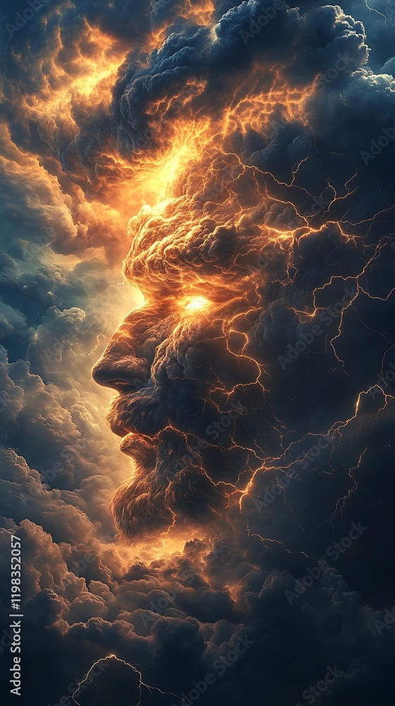 Poster thunderclouds morphing into mythical creatures, with lightning illuminating their jagged forms