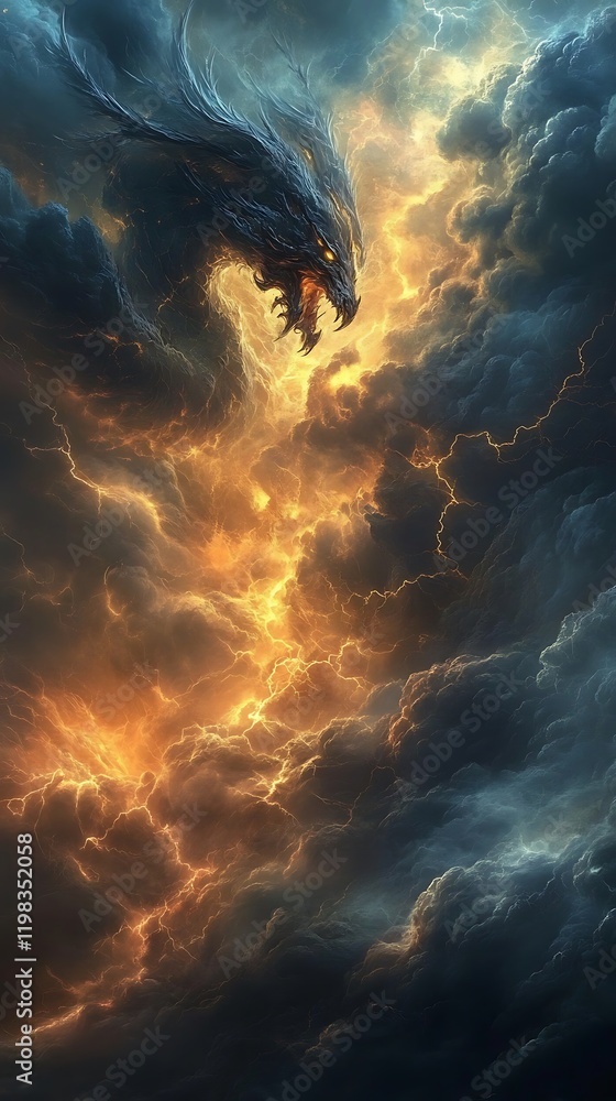 Poster thunderclouds morphing into mythical creatures, with lightning illuminating their jagged forms