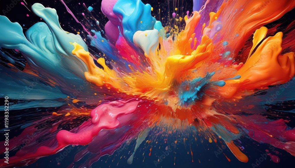 Poster Vibrant Paint Splatter Explosion on Dark Background A Symphony of Color and Texture in Abstract Artistic Expression