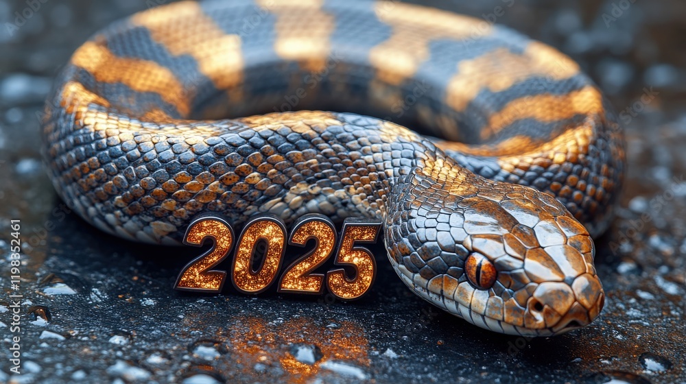 Poster close-up of a spectacular snake with intricate patterns and shimmering colors, displaying the year 2