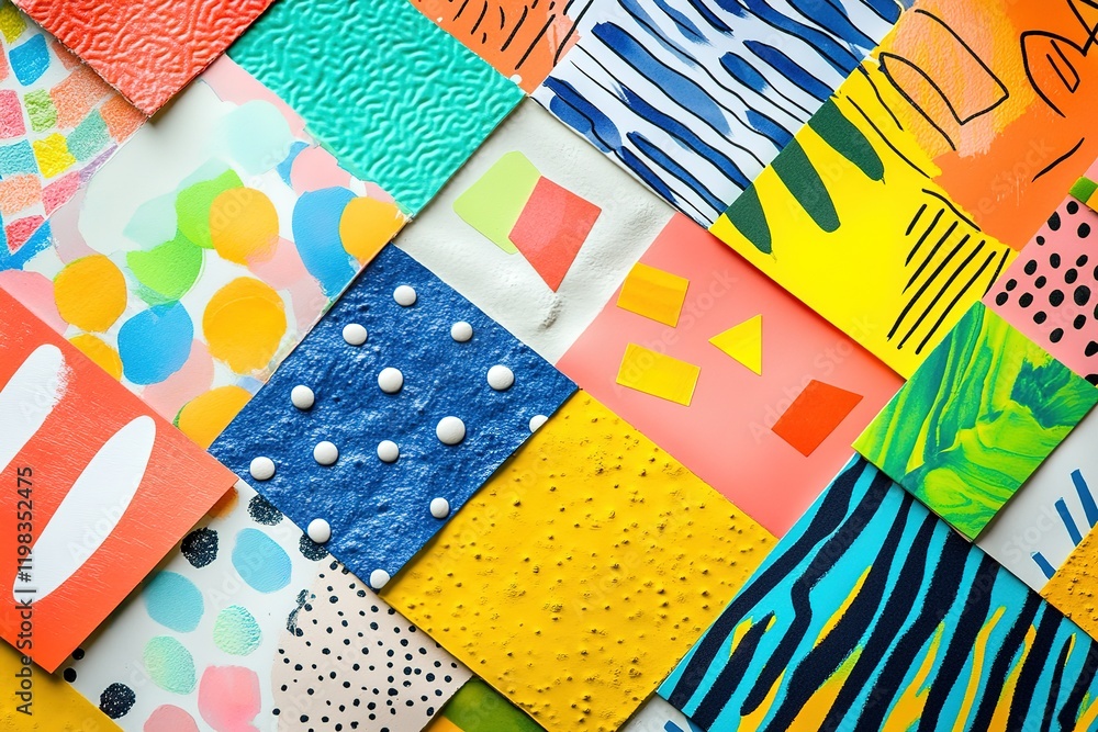 Poster collage of colorful paper with various patterns and designs