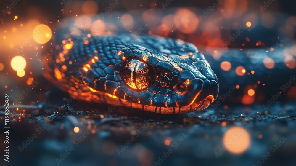 Poster close-up of a stunning snake with radiant scales under soft lighting and glittering bokeh in a mysti