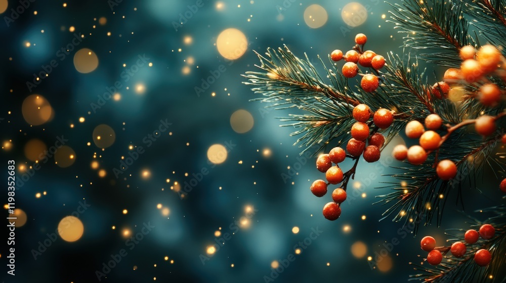 Poster close-up of pine branch with red berries and glittering bokeh background creating a festive atmosphe