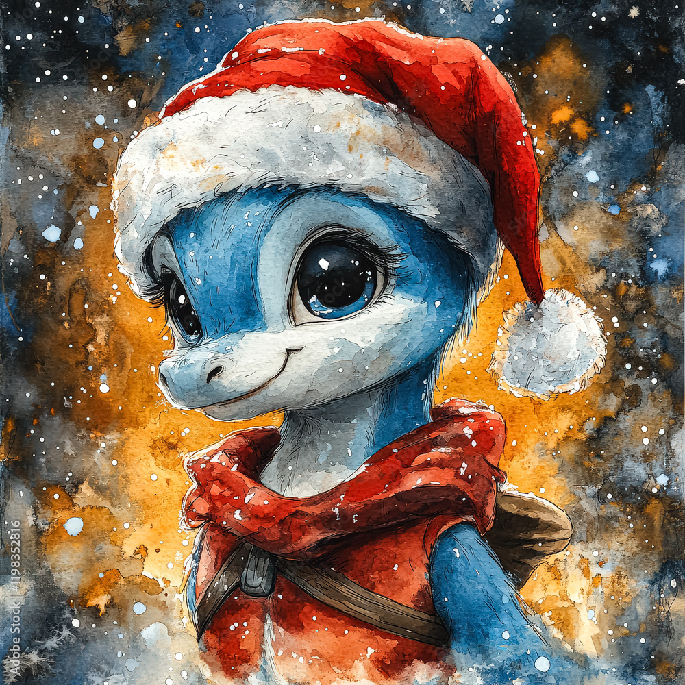 Poster blue and red cartoon character with a red hat and a red scarf. the character is smiling and he is ha