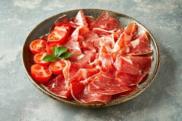 Spanish tapas featuring tomatoes cured iberico ham slices and fresh toast gray backdrop overhead perspective empty space for text