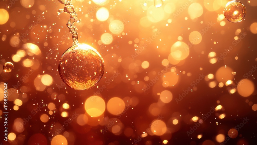 Poster abstract golden bubbles in shimmering light, creating a dreamy and festive background with sparkling