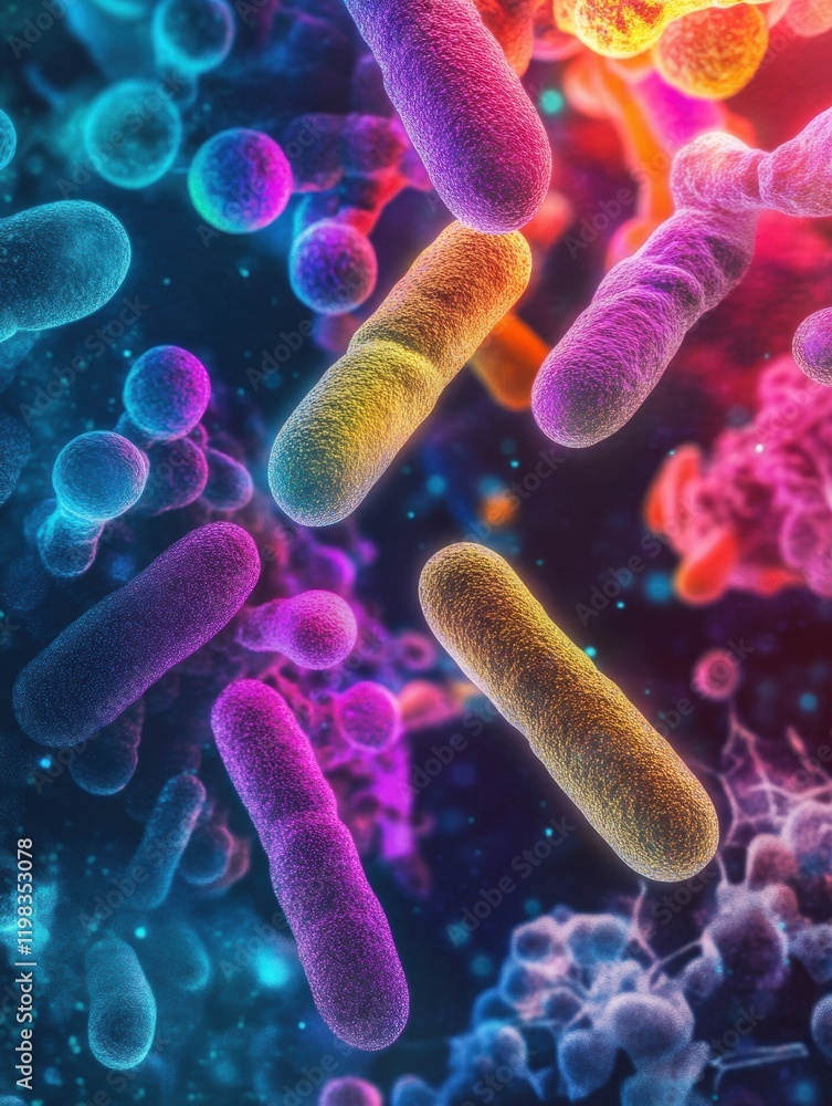 Aufkleber microscopic view reveals vibrant colors of antibiotics interacting with bacteria in a dynamic enviro