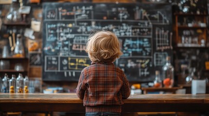 Obraz premium Curious Child Observing Science Display in a Classroom Setting with Dark Chalkboard Filled with Diagrams and Glassware on Wooden Table, Engaging Educational Environment