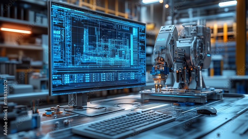 Poster robotic arm programming, factory setting, automation, industrial technology, digital display