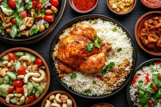 Spicy Bukhari chicken biryani with whole chicken cashews and salad on a table