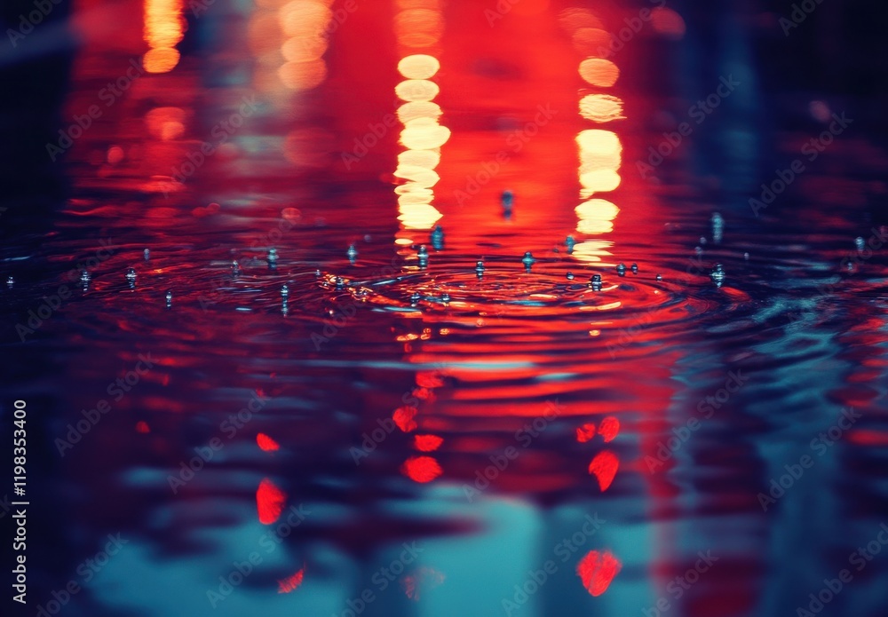 Poster captivating close-up of raindrops splashing on a puddle, creating beautiful ripples with colorful li