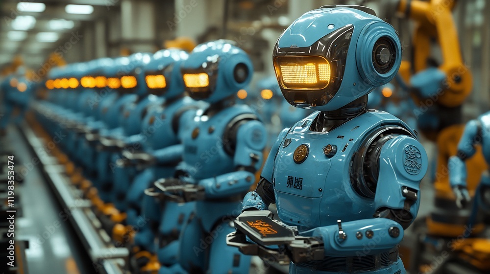 Poster robots on assembly line, factory automation. industry future