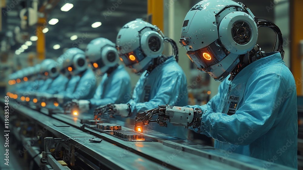 Poster robots assemble parts on factory line. future industry automation