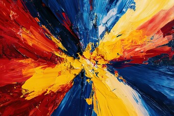 Painting of a colorful explosion with red, yellow, and blue splatters