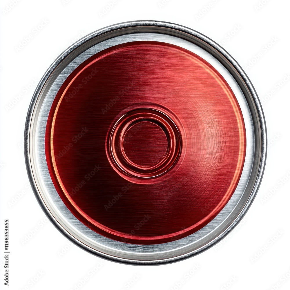 Poster close-up of a glossy red circular object with metallic edges creating a striking visual effect, emph