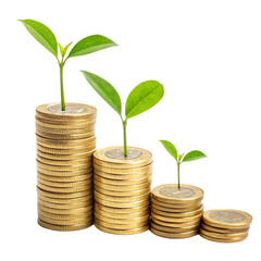 A coin pile with a plant symbolizing financial growth on a transparent background