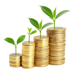A coin pile with a plant symbolizing financial growth on a transparent background