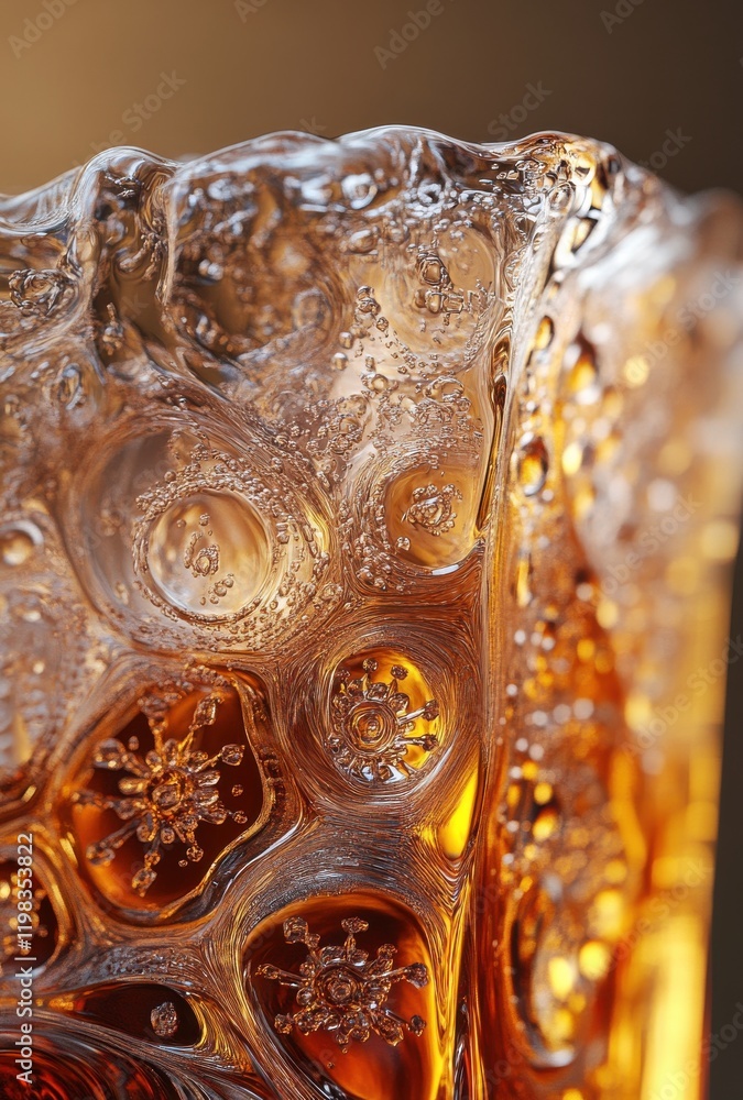 Poster Close-Up of an Elegant Glass Vase with Intricate Bubble Patterns and Amber Fluid, Capturing the Play of Light and Texture in a Contemporary Art Style