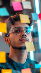 man with glasses looking sticky notes on glass