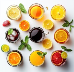 Colorful Arrangement of Refreshing Fruit-Based Drinks with Citrus Fruits and Mint Leaves on a White Background