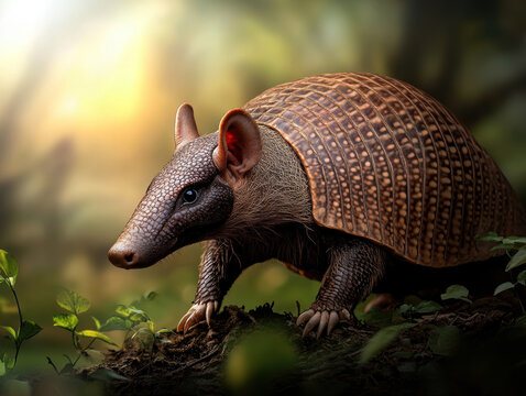 This stunning image captures an armadillo exploring its lush, green environment, highlighting its unique armor-like shell and intricate features against a vibrant background of soft light.