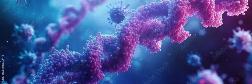 Poster close up view of an rna chain intertwined with surrounding viruses in a vibrant microscopic environm