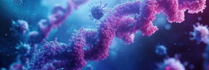 Fototapeta premium Close up view of an RNA chain intertwined with surrounding viruses in a vibrant microscopic environment. Generative AI