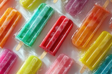 Colorful Ice Pops in Bright Packaging Arranged on White Background for Refreshing Summer Treats Ideal for Food Photography or Dessert Promotions