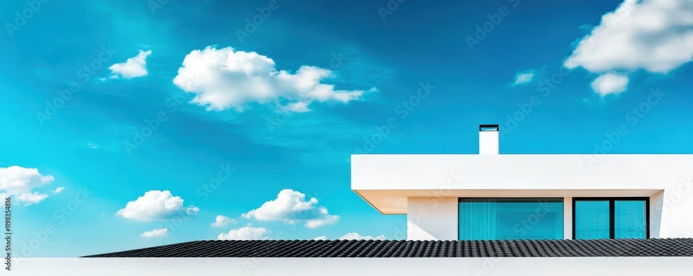 Poster modern architecture with clean lines and a vibrant sky backdrop.