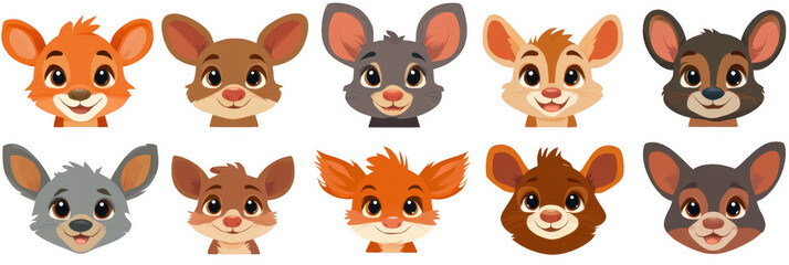 Obraz premium Cute cartoon animal faces featuring various expressions and colors, including orange, brown, and gray. Perfect for children designs and playful themes