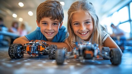 Happy children engaged in creative play with remote-controlled cars in a bright and cheerful classroom environment, showcasing joy through technology and teamwork.