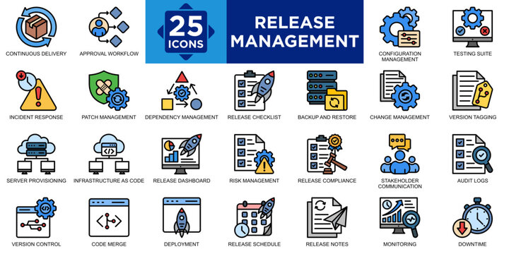 release management, process, technology, software, deployment, project icon set. Outline icons collection. Simple vector illustration	