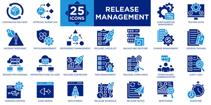 release management, process, technology, software, deployment, project icon set. Outline icons collection. Simple vector illustration	