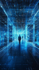 silhouette of a man walking in the neon grid corridor