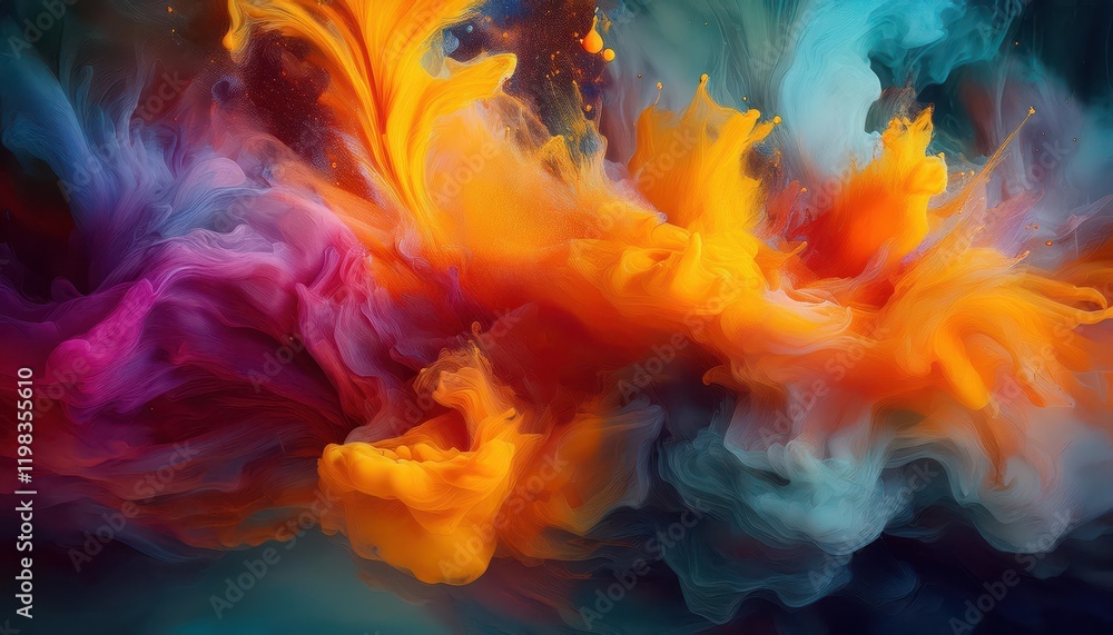 Poster Striking Artistic Expression Explosion of Colorful Paint and Ink Splashes Blending with Water, Creating a Vibrant Abstract Masterpiece.