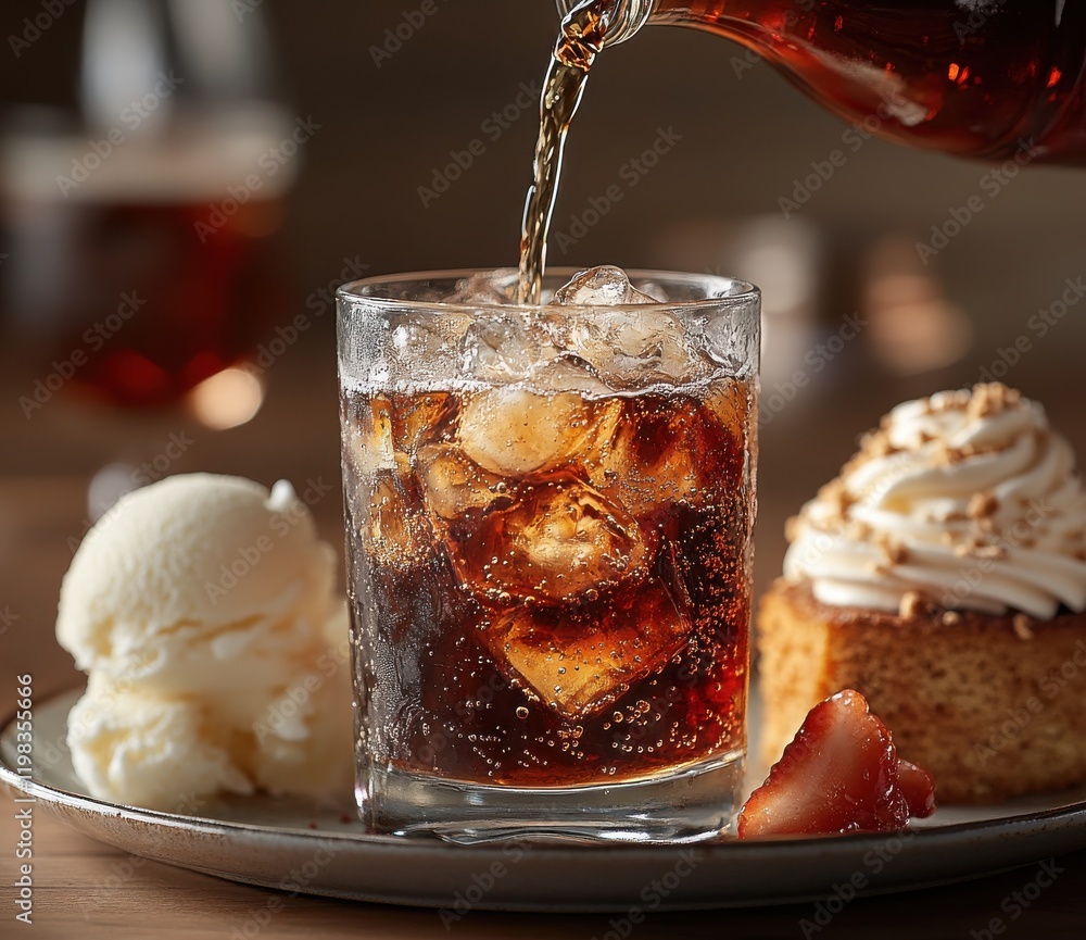 Poster refreshing beverage with ice and creamy dessert on a rustic table setting, perfect for indulging in 