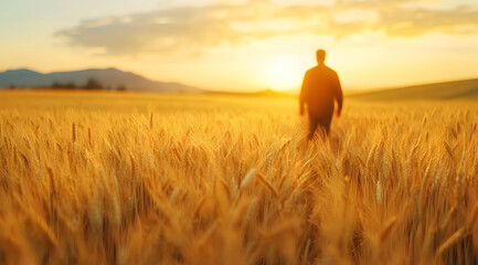 A silhouette of a person stands in a golden wheat field at sunset, with mountains and a vibrant sky in the background.