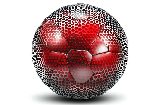 Cybernetic Red Soccer Ball: Hexagonal Metallic Shell Design