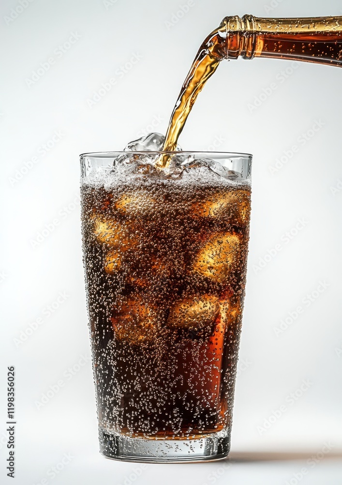 Poster Refreshing Carbonated Drink Being Poured into a Glass with Ice Cubes and Bubbles, Creating a Fizzy and Inviting Beverage Experience in a Studio Setting