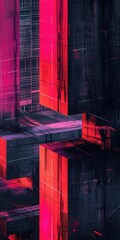 Futuristic urban abstract design with bold neon pink and red geometric structures on dark background