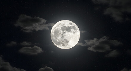 A romantic night unfolds with the full moon shining amidst a canvas of stars and clouds.