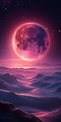 Surreal desert landscape with glowing pink full moon and starry night sky in a dreamy ambiance