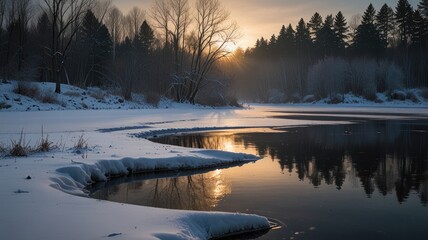 Fototapeta premium rural scene winter,Frozen Pond Amid a Serene Rural Winter Setting