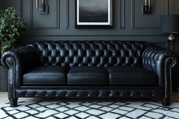 Black leather Chesterfield sofa with buttons and rivets in a modern living room, contemporary home interior design of a stylish apartment.
