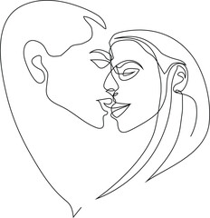 love related art, elegant one-line drawing of a kissing couple forming a heart shape. This minimalist and romantic design is perfect for wall art 