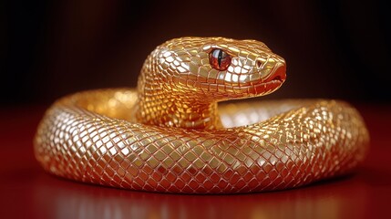 Fototapeta premium Realistic golden snake sculpture sitting coiled on a wooden surface, capturing intricate details of scales and reflective surfaces in a dramatic light setting