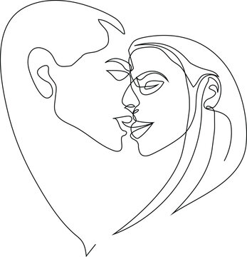 love related art, elegant one-line drawing of a kissing couple forming a heart shape. This minimalist and romantic design is perfect for wall art 