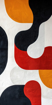 Abstract colorful pattern with bold shapes in black, red, orange, and white on textured background
