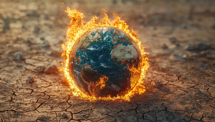 A globe engulfed in flames on cracked earth, symbolizing climate change impact